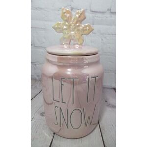 Rae Dunn Pink Baby Canister LET IT SNOW Snowflake Topper Christmas Iridescent